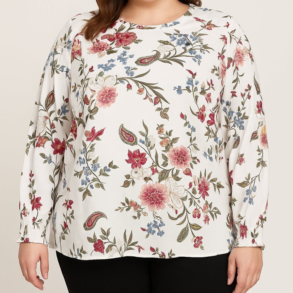 LOFT Plus Size 24 Floral Long Sleeve Blouse V-Back Tie 100% Viscose
